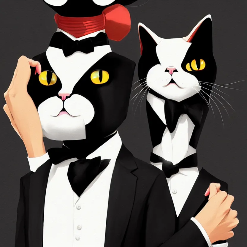 Prompt: slim cruel business humanoid cat in tuxedo with black bob hair, elegant, 2 d, ultra highly detailed, digital painting, smooth, sharp focus, artstation, art by ilya kuvshinov!