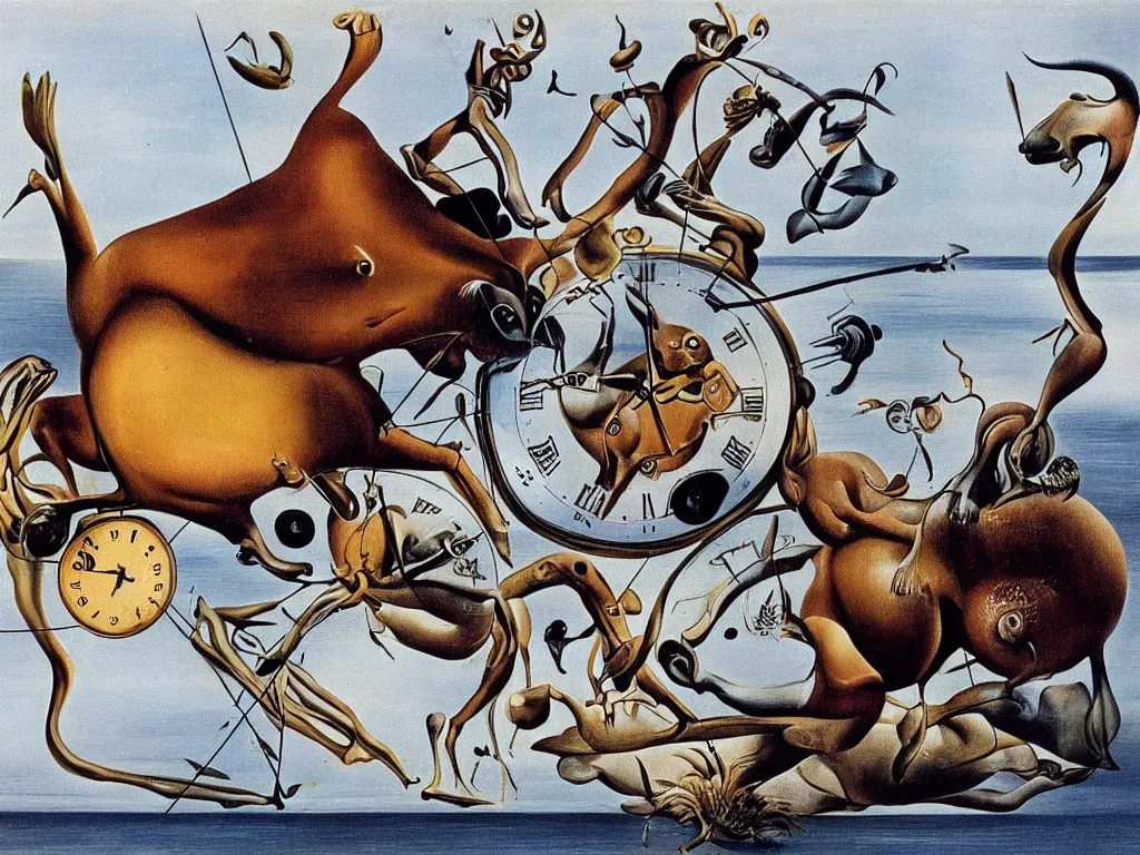 Prompt: a kangaroo fighting a sea urchin on a train surrealism salvador dali, a clock