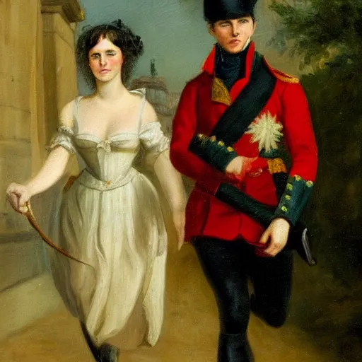 Prompt: an oil panting of a young napoleon with her girlfriend, walking in paris