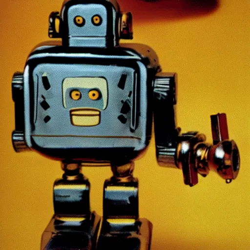 Prompt: tin toy robot kodachrome photo