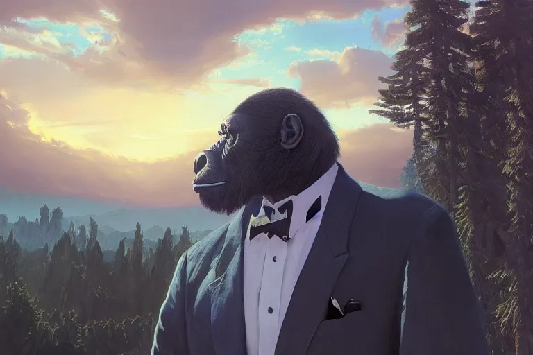 Image similar to ape wearing formal suit, controlling the earth, 8k hyper realistic, sunset streets, volumetric rays, fine art, artstation, matte painting, masterpiece by vasnetsov