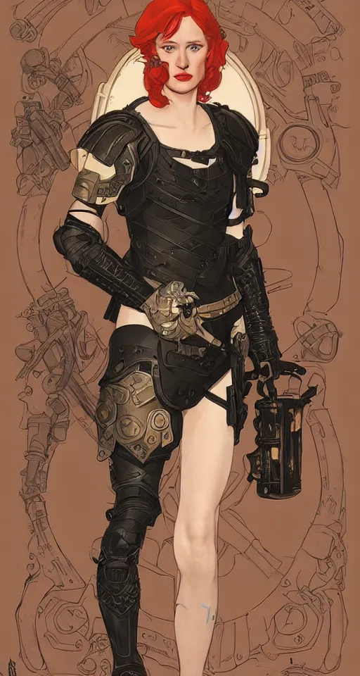 Prompt: redhead mackenzie davis actress wearing black armour with bare legs, mucha, hard shadows and strong rim light, art by jc leyendecker and atey ghailan and sachin teng