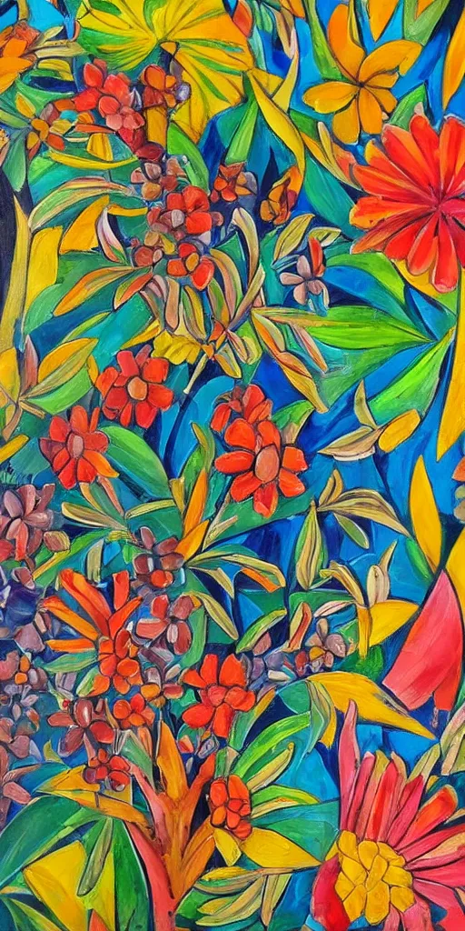 Prompt: a new painting of tropical flowers of a new african painter, oil painting, intricate details, vibrant colours, ethnic origin, abstract concept, isometric lines, cubism