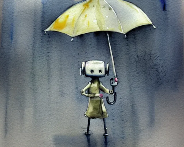 Prompt: a cute little robot holding an umbrella in the rain. gray sky, rain clouds, heavy rain. watercolor painting by jean - baptiste monge, muted colors