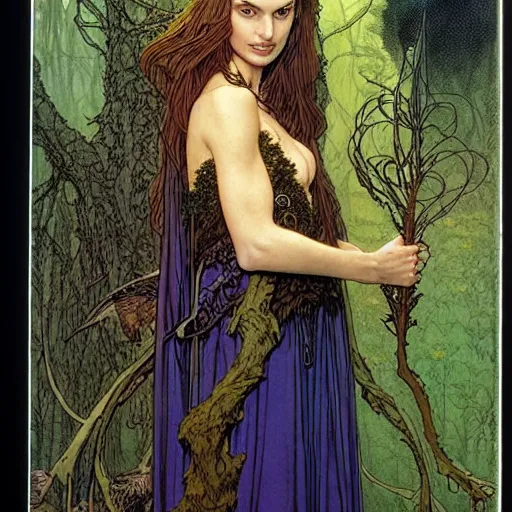 Image similar to a realistic and very beautiful and atmospheric portrait of a young natalie portman as a druidic wizard looking at the camera with an intelligent but seductive gaze by rebecca guay, michael kaluta, charles vess and jean moebius giraud