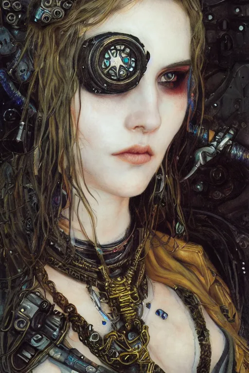 Image similar to portrait of beautiful young gothic maiden, cyberpunk, Warhammer, highly detailed, artstation, illustration, art by Gustav Klimt