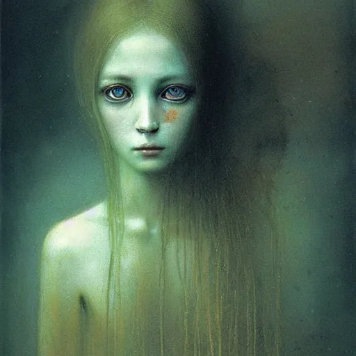 Image similar to portrait of ethereal young vampire princess in golden armour by Beksinski