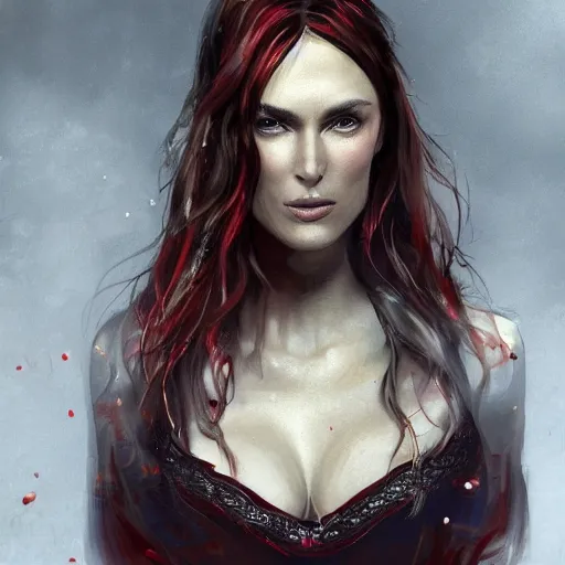 Image similar to beautiful female mage with red hair, keira knightley, black clothing, dark feathered wings, intricate, highly detailed face, trending on artstation, dramatic lighting, hyperrealistic, fantasy, portrait, highly detailed, headshot, digital painting, trending on artstation, concept art, sharp focus, illustration