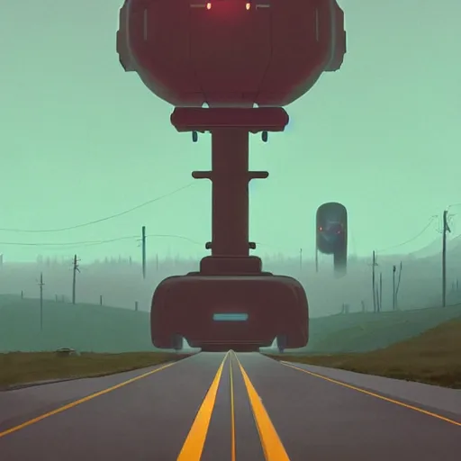 Prompt: the return of the machines, artwork by Simon stalenhag, deserted road with large robotic entity looming over in the distance, light fog, dusk
