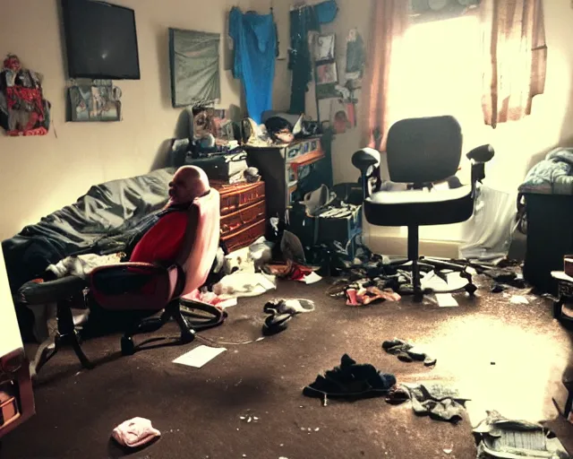 Image similar to dirty room, depression scene, very fat man in a gamer chair.