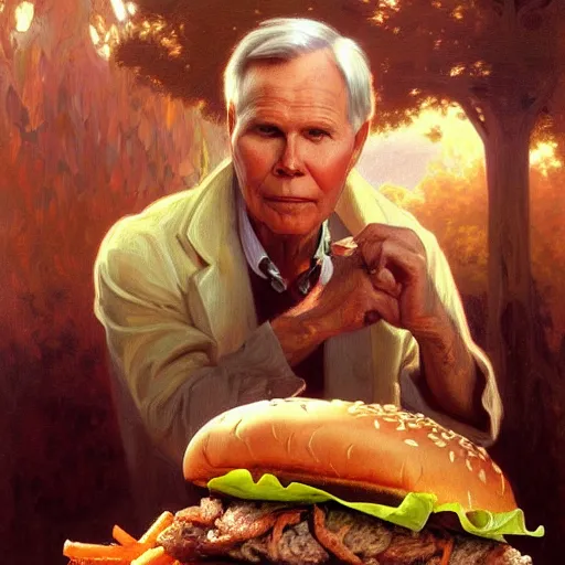 Prompt: painted portrait of ( ( ( tom brokaw ) ) ) eating giant hamburgers, mature, handsome, fantasy, intricate, elegant, highly detailed, digital painting, artstation, concept art, sharp focus, illustration, illumination, holy ethereal light, art by gaston bussiere and alphonse mucha