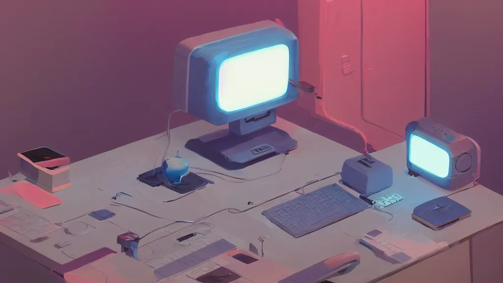 Image similar to stylized minimalist retro computer, loftis, cory behance hd by jesper ejsing, by moebius, by rhads, makoto shinkai and lois van baarle, ilya kuvshinov, rossdraws global illumination