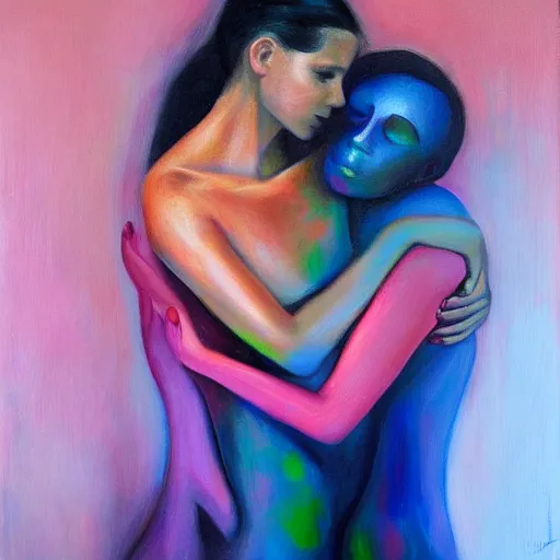 Image similar to stunning oil painting portrait of a young woman hugging an abstract human figure in the style of Meredith Marsone, spring colors