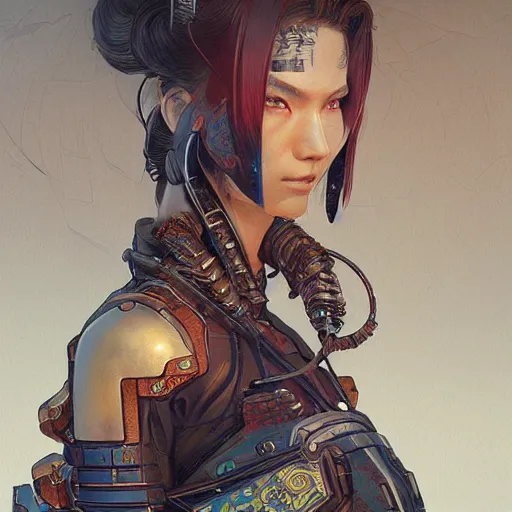 Image similar to cyberpunk samurai, intricate, highly detailed, digital painting, artstation, concept art, smooth, sharp focus, illustration, Unreal Engine 5, 8K, art by artgerm and greg rutkowski and alphonse mucha