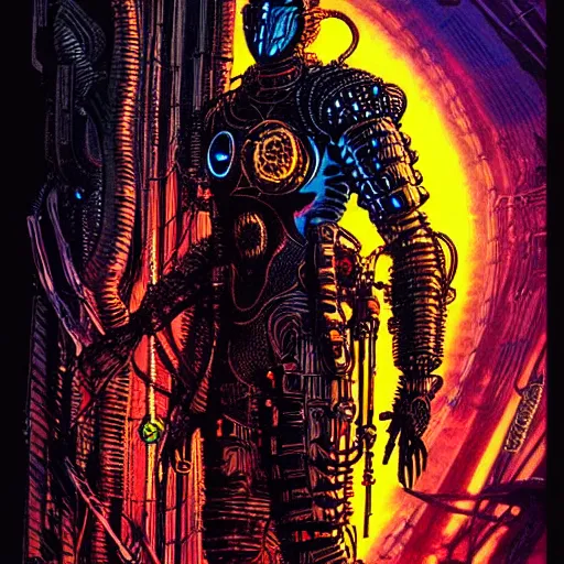 Image similar to cyberpunk knight, atmospheric lighting, painted, intricate, golden hour, ultra detailed by philippe druillet