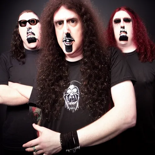 Image similar to a death metal band themed after Weird Al, studio lighting, photo realistic, a death metal band with spikes and piercings, Weird Al Yankovic, realistic reflections