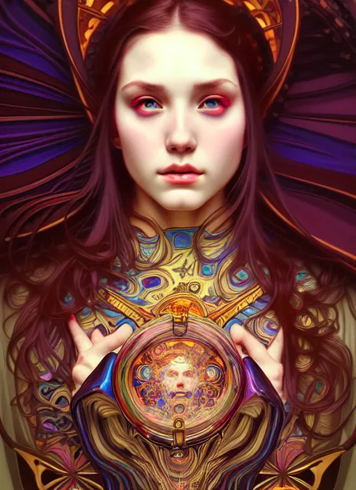 Image similar to overlord, psychedelic, portrait, highly detailed, deep focus, elegant, digital painting, smooth, sharp focus, illustration, ultra realistic, 8 k, art by artgerm and alphonse mucha