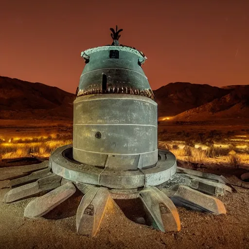 Prompt: a james turret sculpture in the middle of a desert at night,