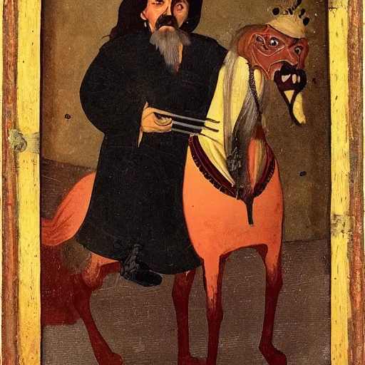 Prompt: Painting of Vlad Dracula holding Stribog SP9 and sitting on a laughing horse