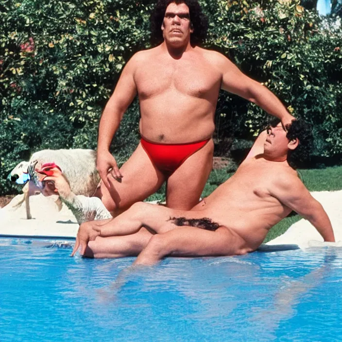 Image similar to andre the giant wearing a sequin speedo sitting by the pool with a goat from the movie bill & ted's excellent pool party, movie still, 8 k, realistic