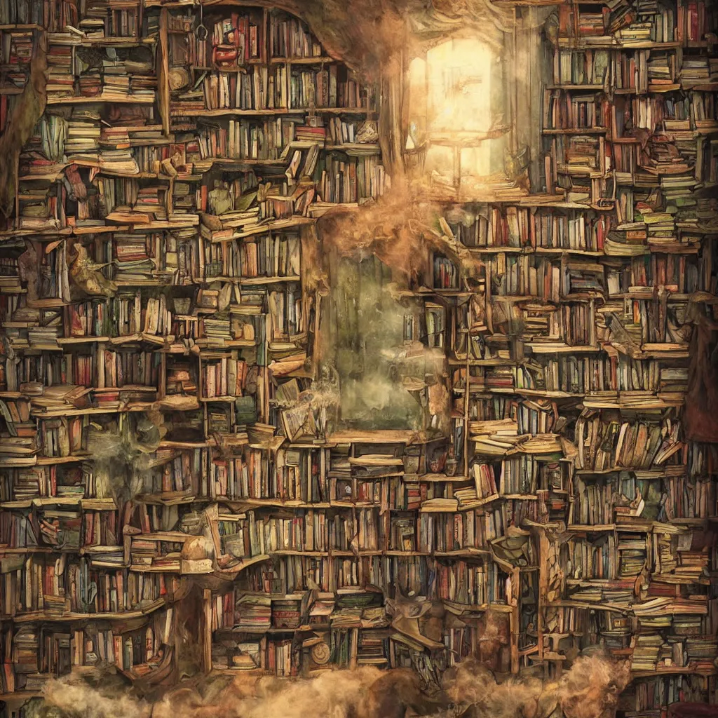 Image similar to there are many books and bookshelves in a warm hut, flowers, smoke, detailed, mysterious, comfort, in the style of aetherpunk