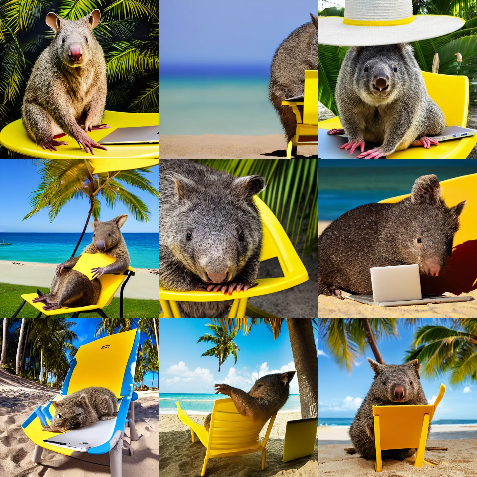 Prompt: A wombat sits in a yellow beach chair, while sipping a martini that is on his laptop keyboard. The wombat is wearing a white panama hat and a floral Hawaiian shirt. Out-of-focus palm trees in the background. DSLR photograph. Wide-angle view