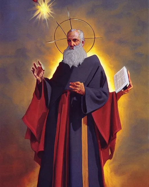 Image similar to portrait of ful length saint nicholas, showing him with a halo, dressed in clerical garb, and holding a book of the scriptures in his left hand while making the hand gesture for the sign of the cross with his right, by peter andrew jones!!!!, hd, hyper detailed, 4 k