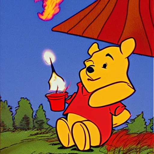 Image similar to winnie the pooh lighting a house on fire, in the style of winnie the pooh