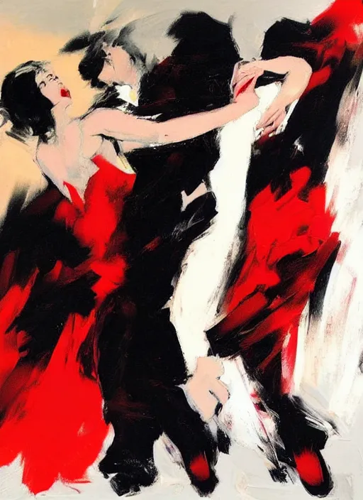 Image similar to tango dancerin in red and black dress, painting by phil hale, fransico goya,'action lines '!!!, graphic style, visible brushstrokes, motion blur, blurry, sensual, visible paint texture, crisp hd image