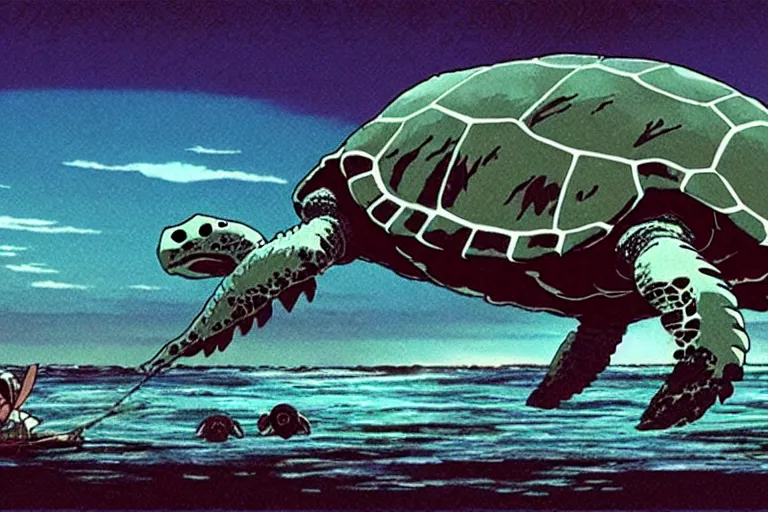 Image similar to a still from princess mononoke ( 1 9 9 7 ) film of a giant mechanized sea turtle, at night in the suburbs. full body, wide shot, very muted colors, post grunge, studio ghibli, laurie greasley, highly detailed, deviantart, art by artgem