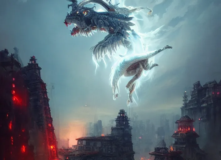 Image similar to luxurious white chinese dragon hovering side of a cyberpunk egyptian pyramid, lightning and thunder during blood moon, by greg rutkowski, james jean, peter mohrbacher, rule of thirds, sigma look, beautiful, intricate, majestic, award winning