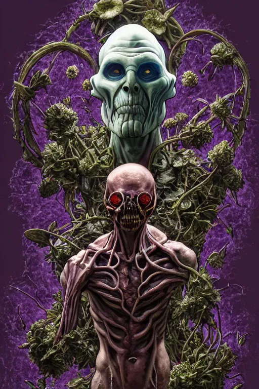 Prompt: the platonic ideal of flowers, rotting, insects, mushrooms and praying of cletus kasady ultimate carnage thanos dementor doctor manhattan chtulu nazgul davinci dalhi, detailed, intricate, hyperrealism, intense, scary, decay, dmt, art by brock hofer and artgerm and greg rutkowski and alphonse mucha