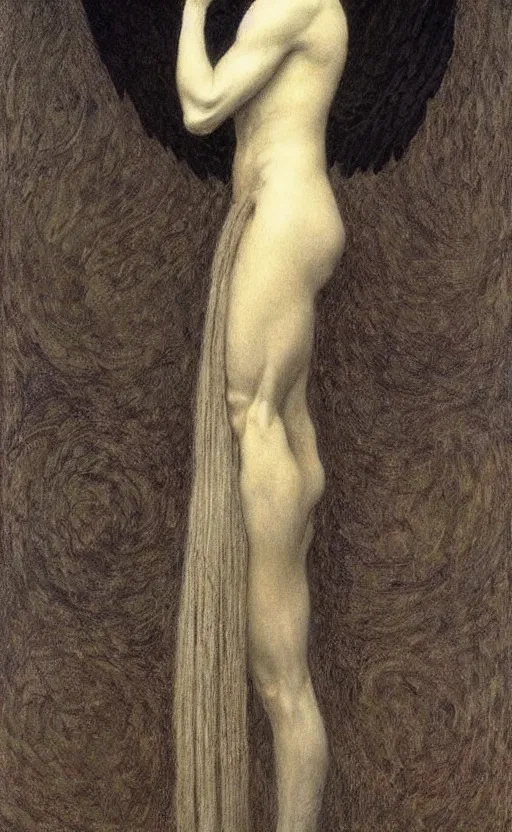 Image similar to Say who is this with black hair so dark and thin? beautiful lone single Male!! angel, Hades Death, in the style of Jean Delville,black glowing cloak, Fernand Keller, Fernand Khnopff, oil on canvas, 1896, 4K resolution, aesthetic, mystery