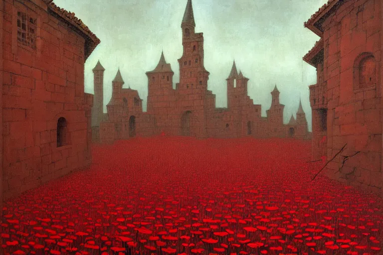 Image similar to only with red, red flowers of different types, a red tiger, a castle in the background, medieval demons dance over the flowers, an ancient path, in the style of beksinski, part by hopper, part by rodcenko, part by hofbauer, intricate composition, red by caravaggio, insanely quality, highly detailed, masterpiece, red light, artstation