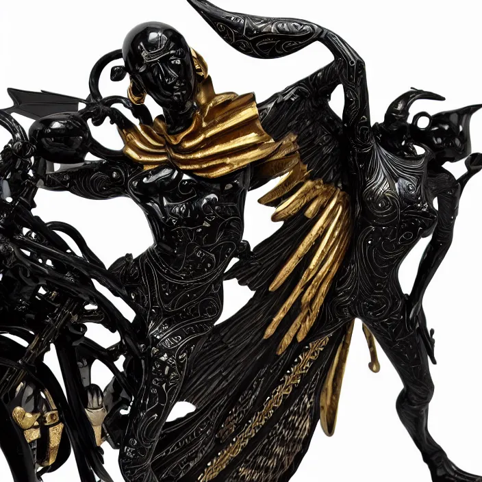 Image similar to fine art statue of masculine black egyptian god on a surrealist motorcycle, ebony art deco, carved black marble, inlaid with ebony and gold accents, ebony rococo, wings black lace wear, sculpted by spider zero, zaha hadid, beautifully lit, hyper detailed, intricate, elite, ornate, photorealistic, micro details, 3 d sculpture, ray trace