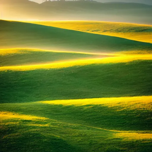 Image similar to https : / / s. mj. run / ixdectgsxzc rolling green hills at dawn. light and shadow. volumetric lighting. award winning photograph