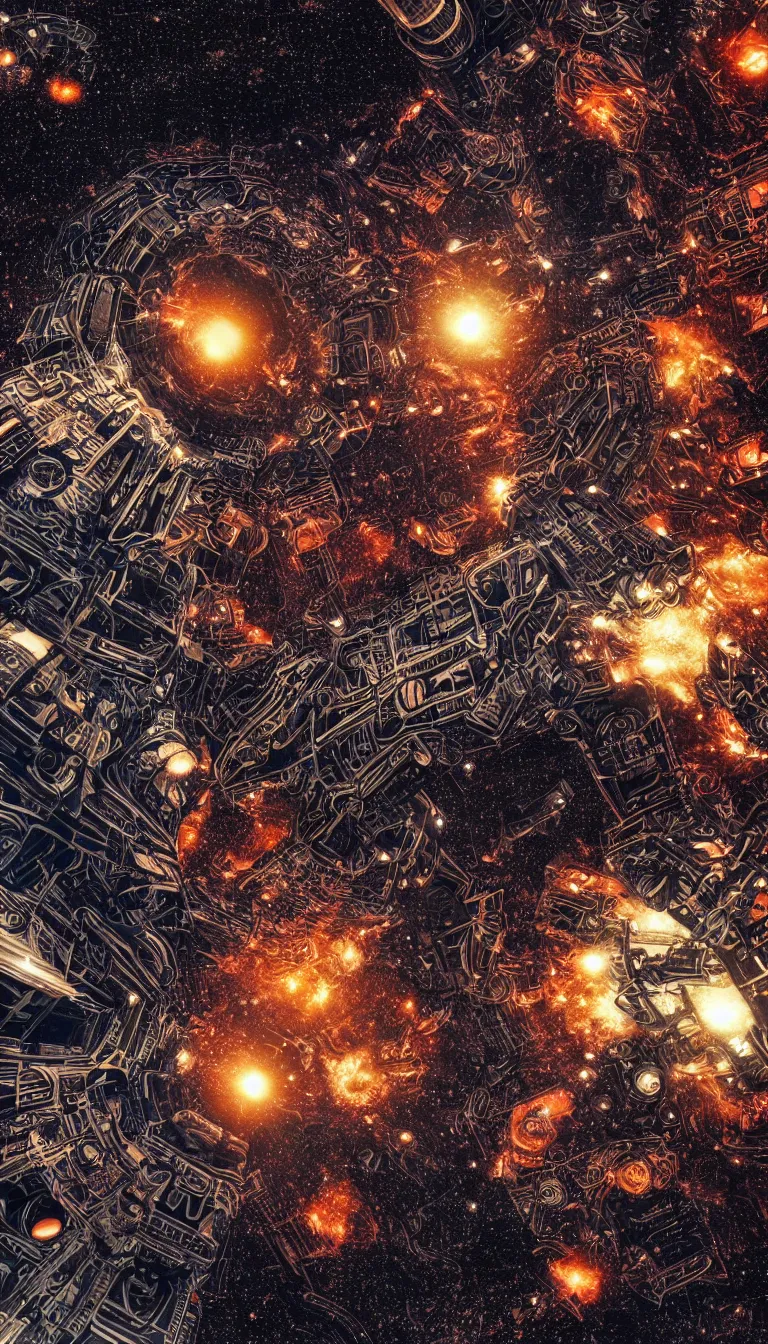 Prompt: intricate machine in space, explosions, high contrast, art by mark cooper, 8 k, hyper detailed, hdr, intricate, masterpiece