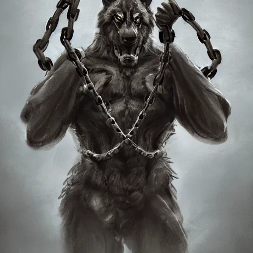 Image similar to a wounded humanoid german shepherd beast - man in military style, his hands are covered with chains, sitting on the bed, highly detailed portrait, digital painting, artstation, concept art, smooth, sharp foccus ilustration, artstation