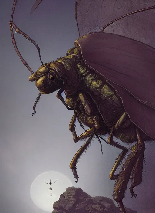 Prompt: giant humanoid fly with proboscis and wings, against dark background, fluid, smooth, organic, crazy, high contrast, sharpness, dramatic, by greg rutkowski and siudmak and richard corben and moebius