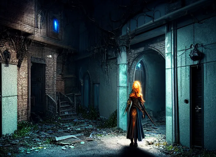 Image similar to photo of an alley of an abandoned city at night with a lone elven woman warrior sitting in the corner leaning on a closed door. Fantasy magic horror style. Highly detailed 8k. Intricate. Nikon d850 55mm. Award winning photography.