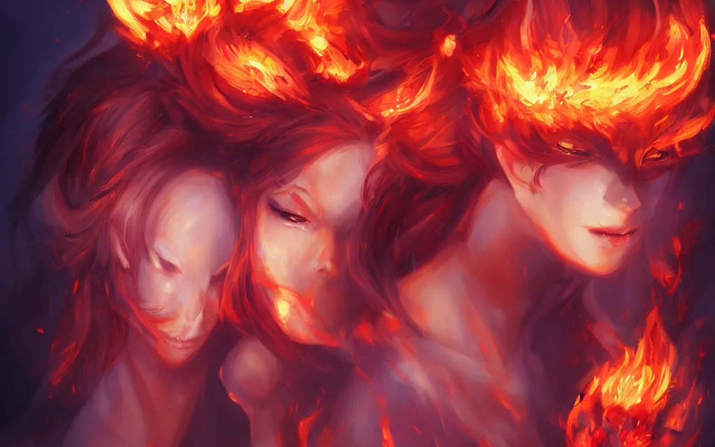 Image similar to A realistic anime portrait of a beautiful fire spirit twins with glowing red eyes and firey skin wearing clothes made of flames, digital painting, by Stanley Artgerm Lau, Sakimichan, WLOP and Rossdraws, digtial painting, trending on ArtStation, SFW version