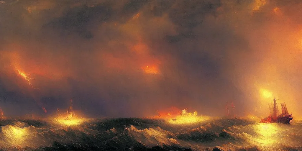 Image similar to a painting of a ship in a lightning storm on fire, struck by lightning, by ivan aivazovsky