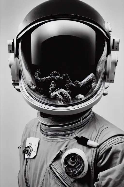 Prompt: extremely detailed studio portrait of space astronaut, alien tentacle protruding from eyes and mouth, slimy tentacle breaking through helmet visor, shattered visor, full body, soft light, plain studio background, disturbing, shocking realization, award winning photo by peter lindbergh