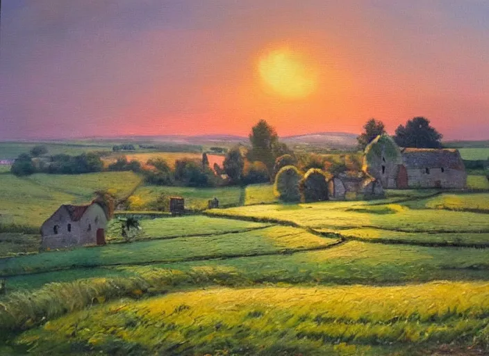 Image similar to beautiful oil landscape painting of an old quaint English village in the countryside, fields, sunset, ambient light, high detail