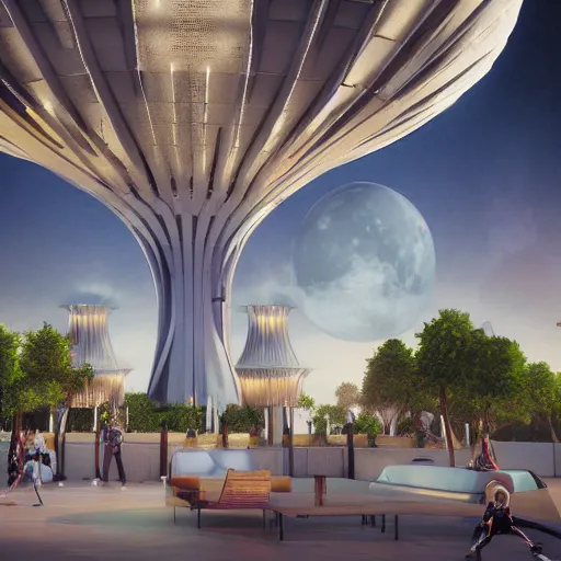 Prompt: octane render, industrial light magic, sharp professional photo inside a high - end luxurious beautiful utopian futuristic moon worlds fair, ultradetailed, photorealistic