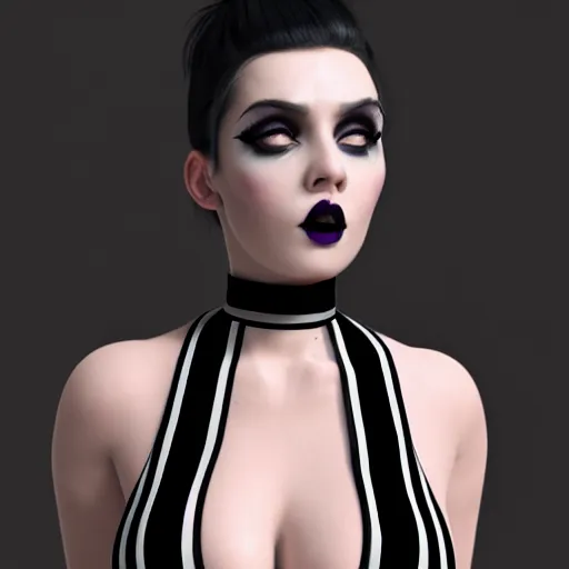 Image similar to a feminine curvy pale hot goth cutie wearing an tight purple-grey latex-nylon high-neck striped dress, choker necklace, cgsociety, photorealistic, sublime-cool-hyperadvanced-dark-amorous ambience, 16k, smooth, sharp focus, trending on ArtStation, volumetric lighting, fully clothed, thin waist