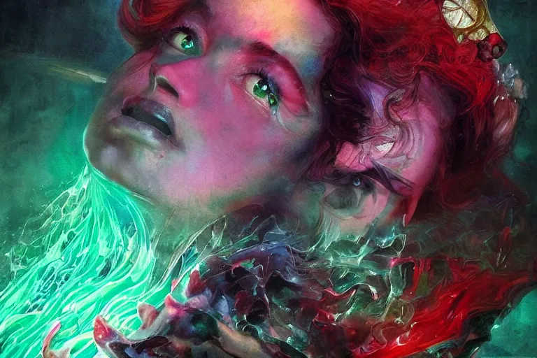 Prompt: the ink witch queen of the fluid, painted by howard david johnson and james gurney, trending on artstation, dramatic green and red lighting macro view mirrored, vaporwave, magic realism, lord of the rings, classicism