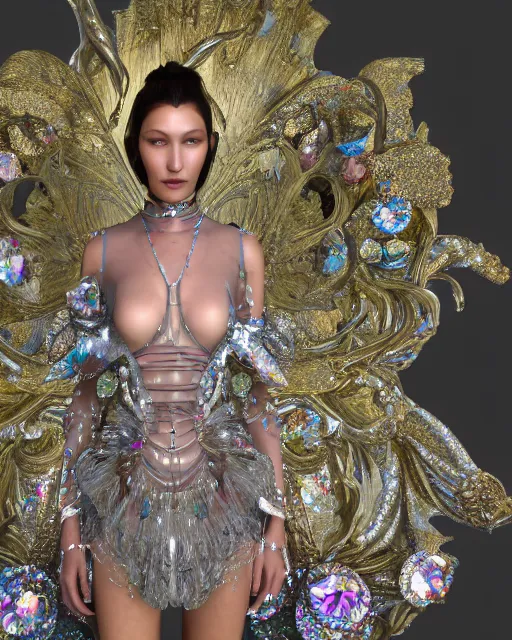 Image similar to a highly detailed metahuman 8 k close up render of bella hadid as alice in wonderland renaissance in iris van herpen dress schiaparelli in diamonds crystals swarovski and jewelry iridescent in style of alphonse mucha gustav klimt trending on artstation made in unreal engine 4