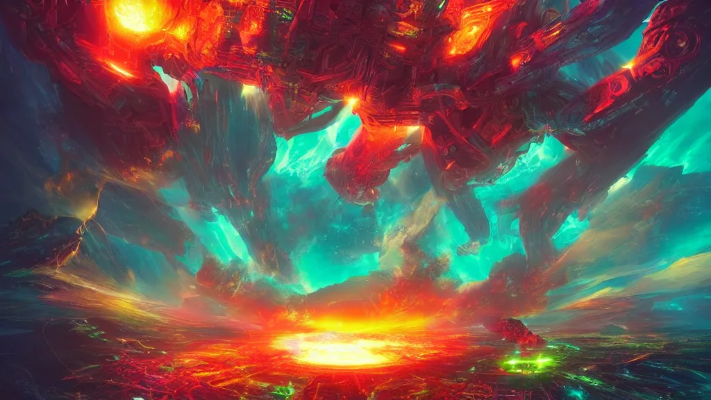 Prompt: An epic beautiful digital artwork of an ancient terrifying God in space, consuming and eating and destroying a futuristic colorful spacestation. Bright explosions. By Ken Fairclough and Dylan Cole and John Harris, trending on behance, trending on artstation, award winning.