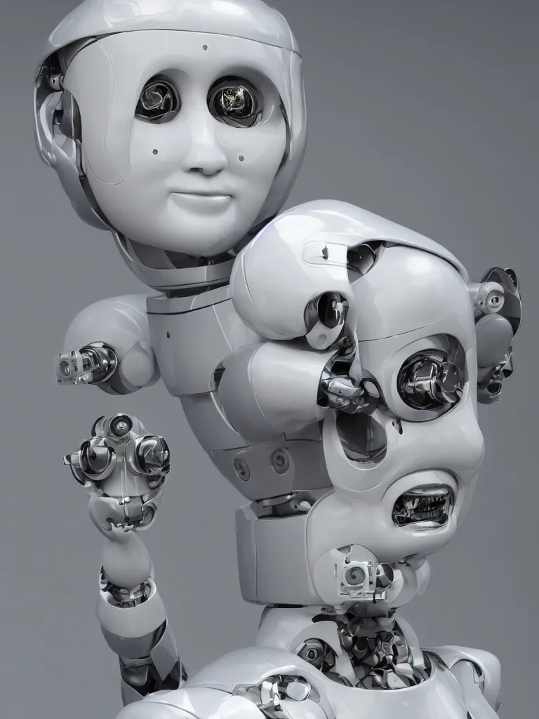 Image similar to Photorealistic humanoid robot with plastic shell and metal joints, cathode ray tube television head with simplistic smiling face